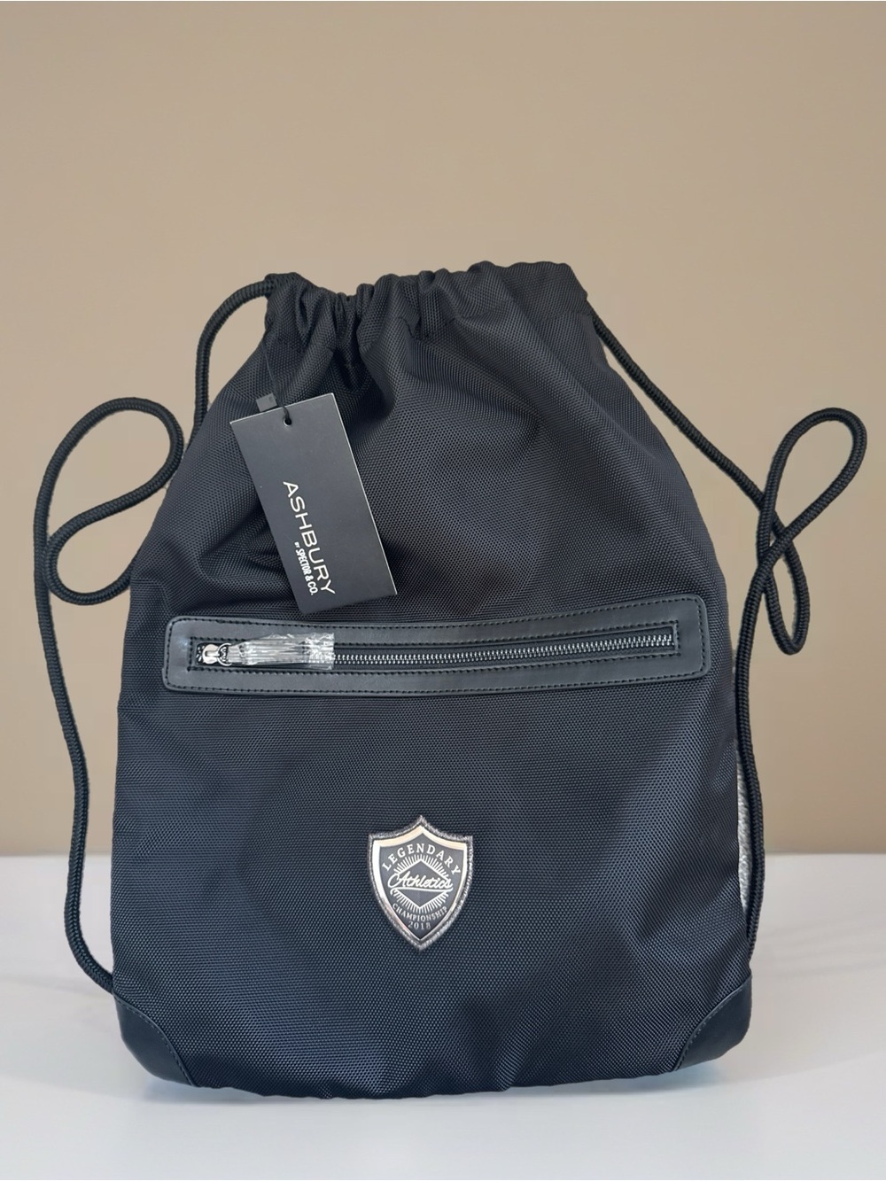 Ashbury Black Drawstring Backpack with Front Zip Pocket